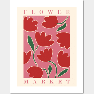 Flower market, Red pink art, Colorful retro print, Botanical, Aesthetic poster, Abstract flowers, Tulips Posters and Art